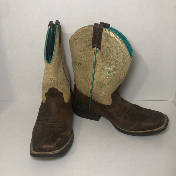 Ariat Girl Cowboy Boot Size 3 Brown Leather Pull On Square Toe Glitter 10025179 - Picture 1 of 13